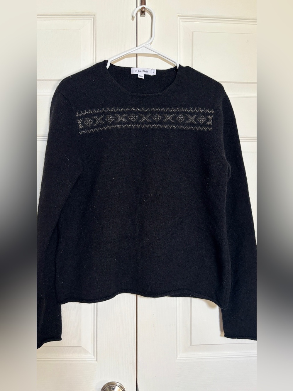 Calvin Klein Women’s L 100% Lambswool Black Fair Isle Crewneck Sweater